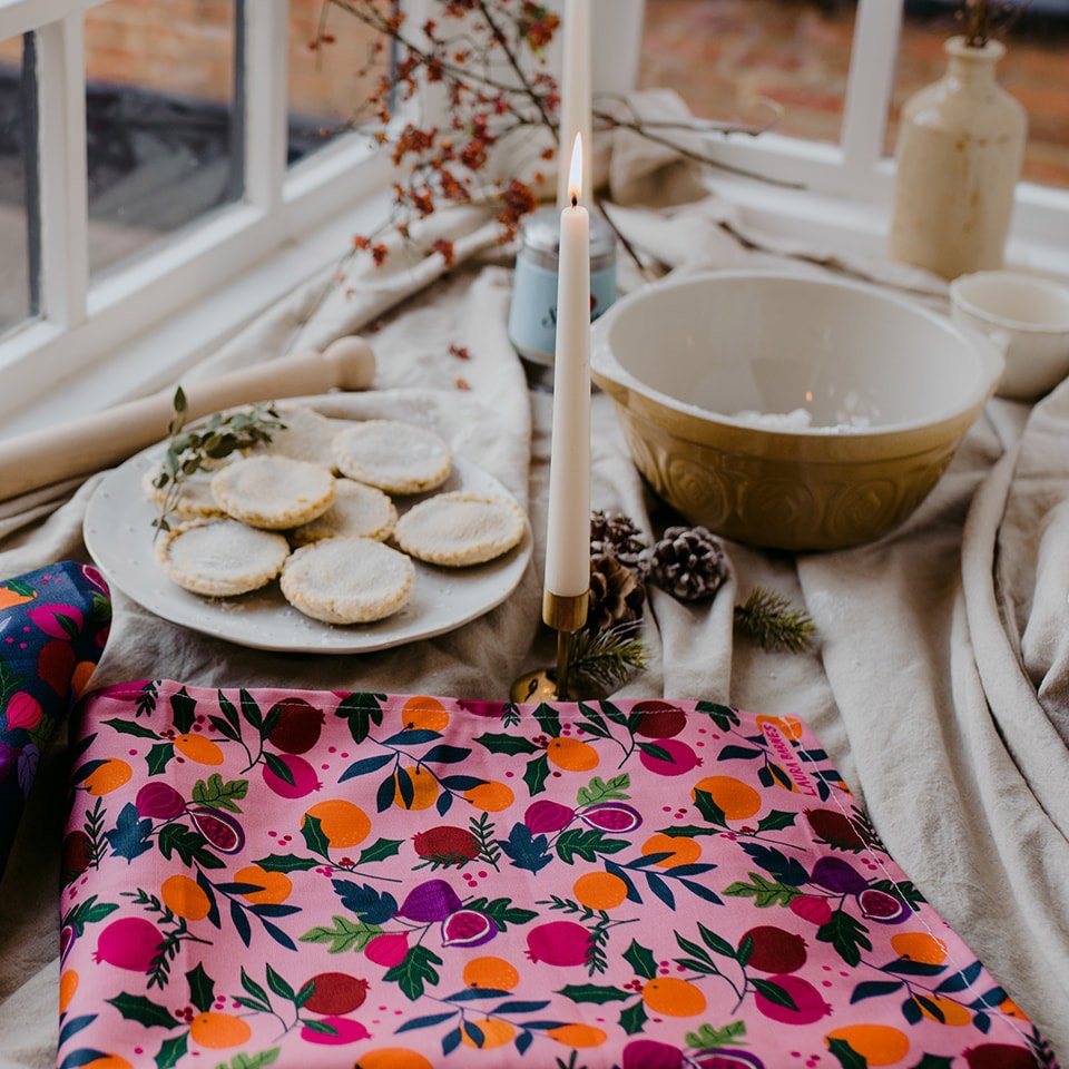 Pink Botanical Fruits Tea Towel