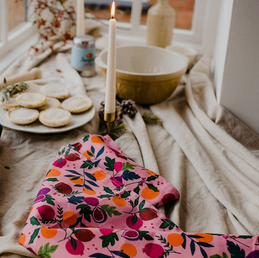 Pink Botanical Fruits Tea Towel